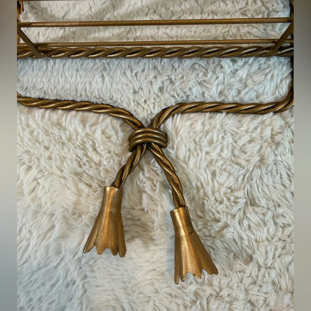 Vintage Hollywood Regency style twisted rope design 3-tier gold tone metal shelf